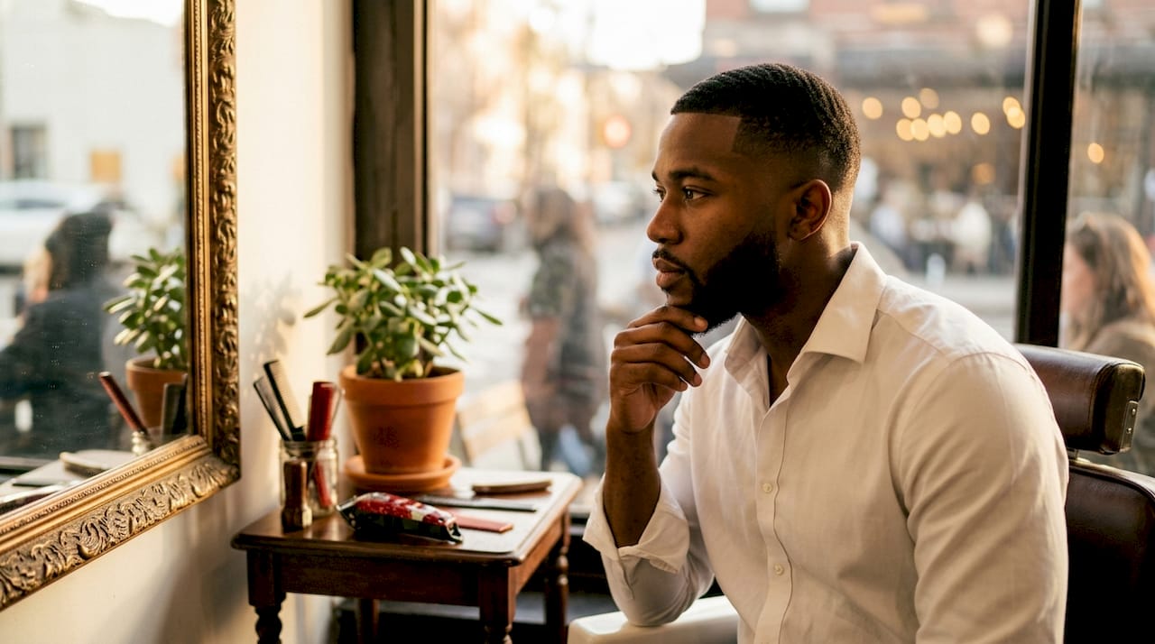 Black man with sharp low fade haircut in barber chair
