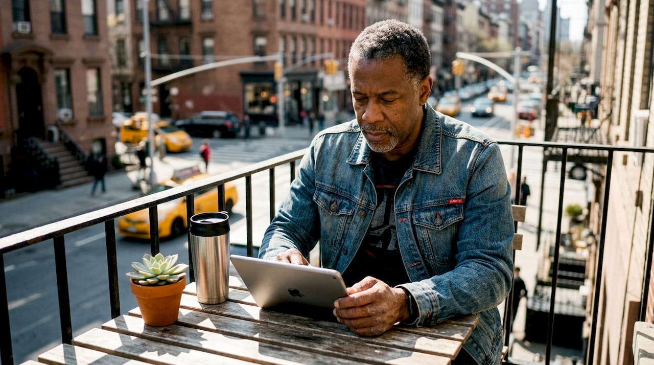Man reading barbershop reviews on tablet at home