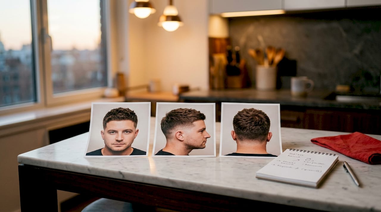Printed hairstyle reference photos arranged on table with notes