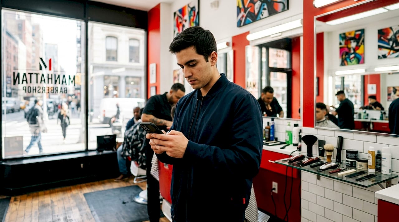 Man reviewing haircut reference photos on phone in barbershop lounge