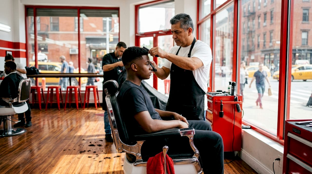 Barber cutting client’s hair carefully in shop
