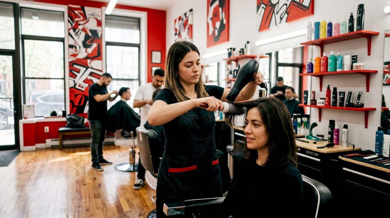 Stylist blow-drying hair following growth pattern