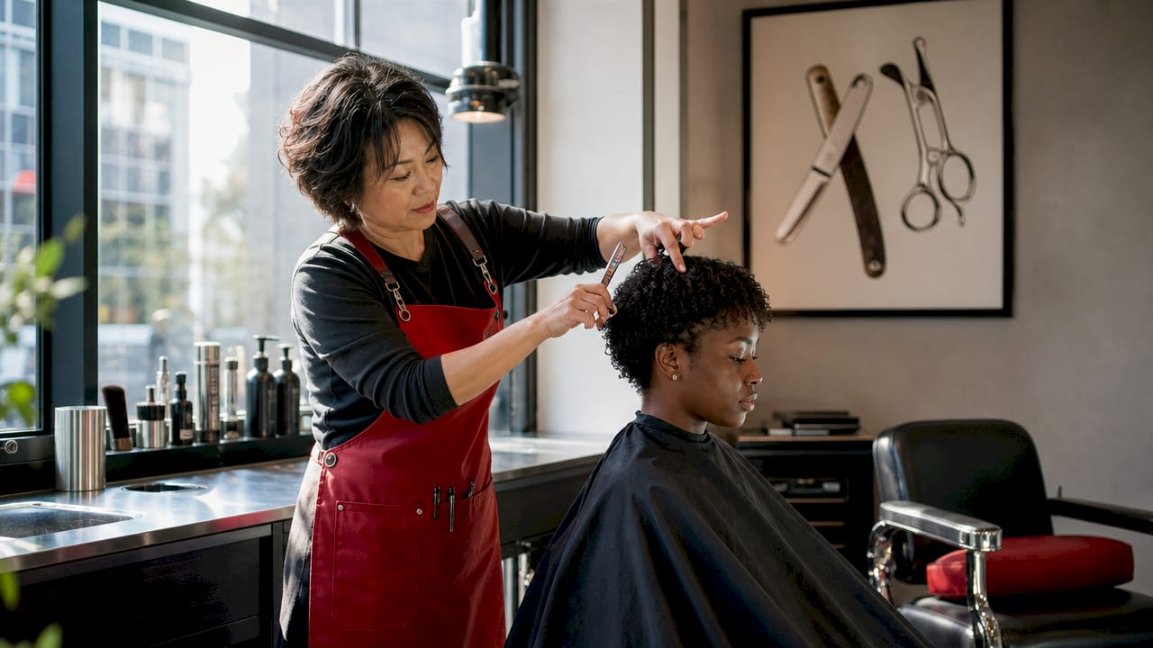 Barber trimming client’s hair in local shop