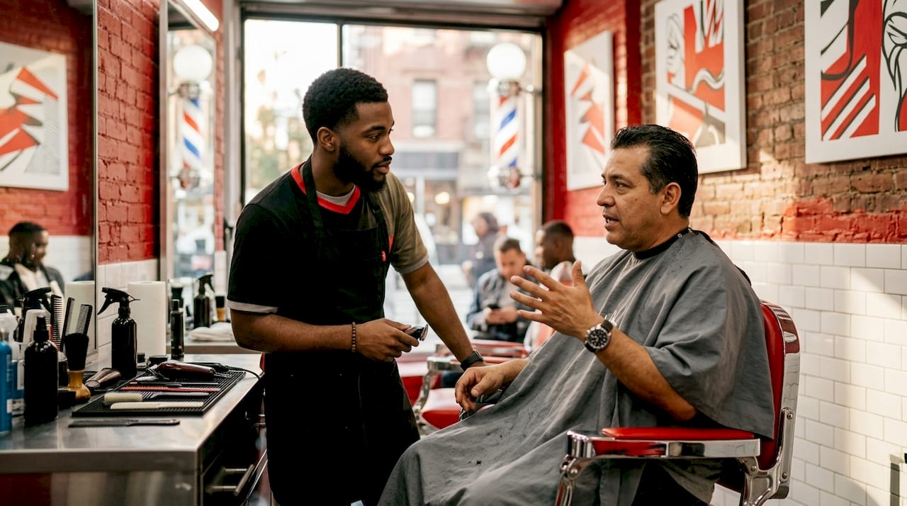 Barber consulting client in local shop