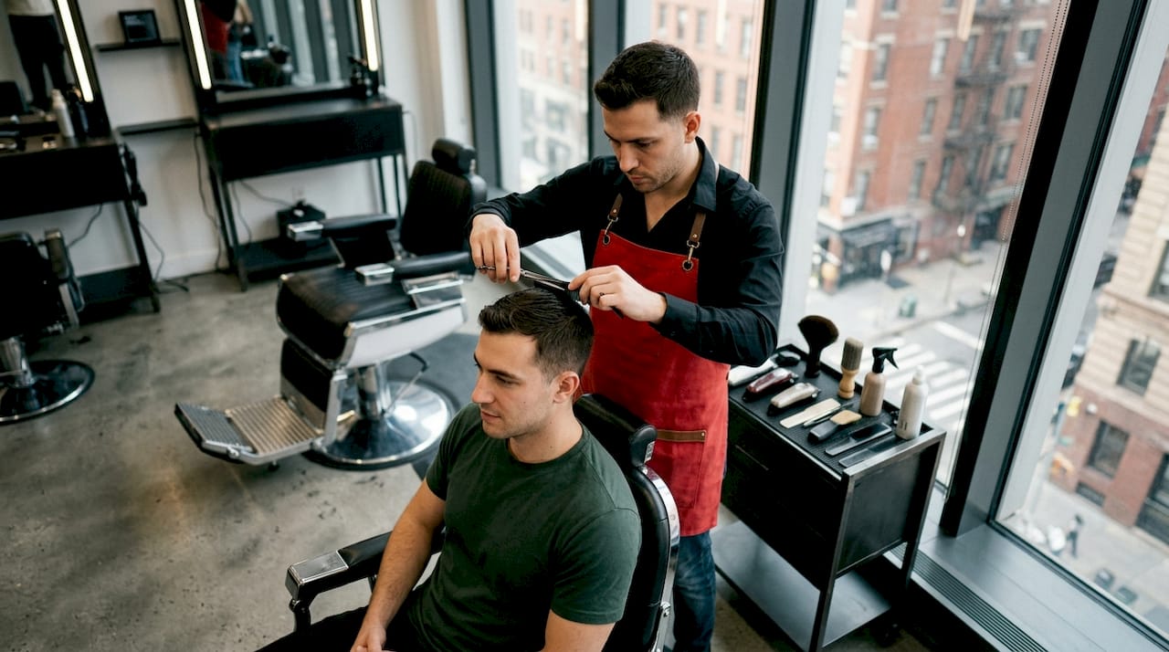 Man receiving haircut in urban barbershop