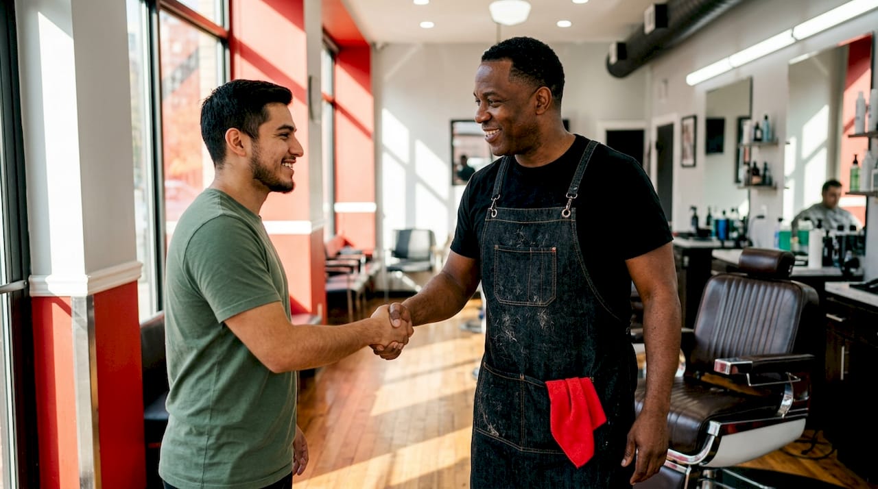Barber welcoming returning client at shop entrance