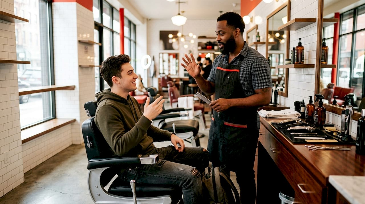 Customer consulting barber in barbershop chair
