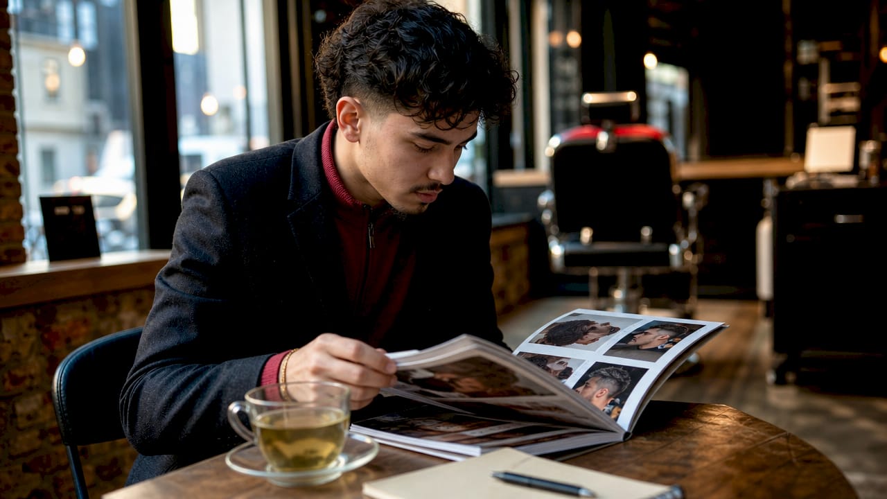 Man reviewing barber portfolio at kitchen table