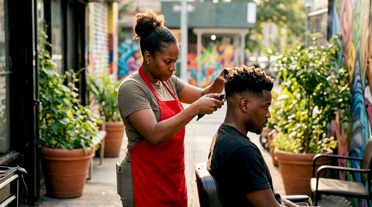 Barber shaping fade haircut in barbershop