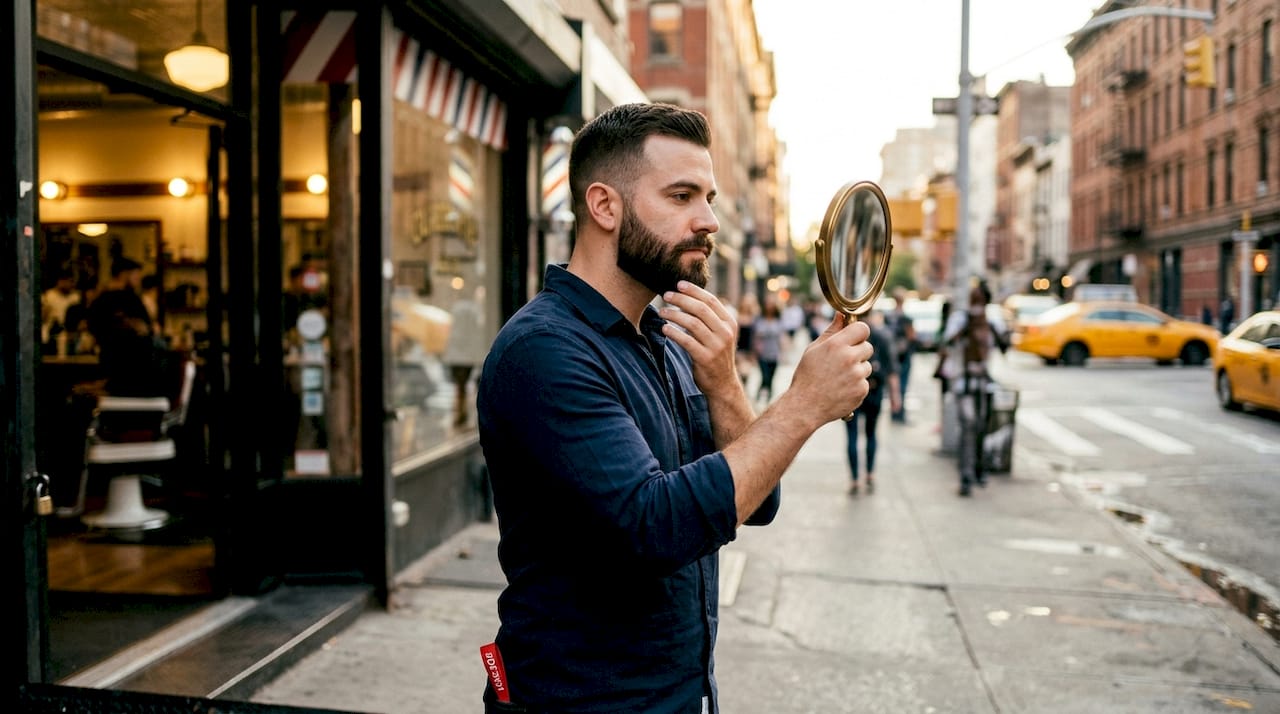 Man inspecting shaped beard at vanity