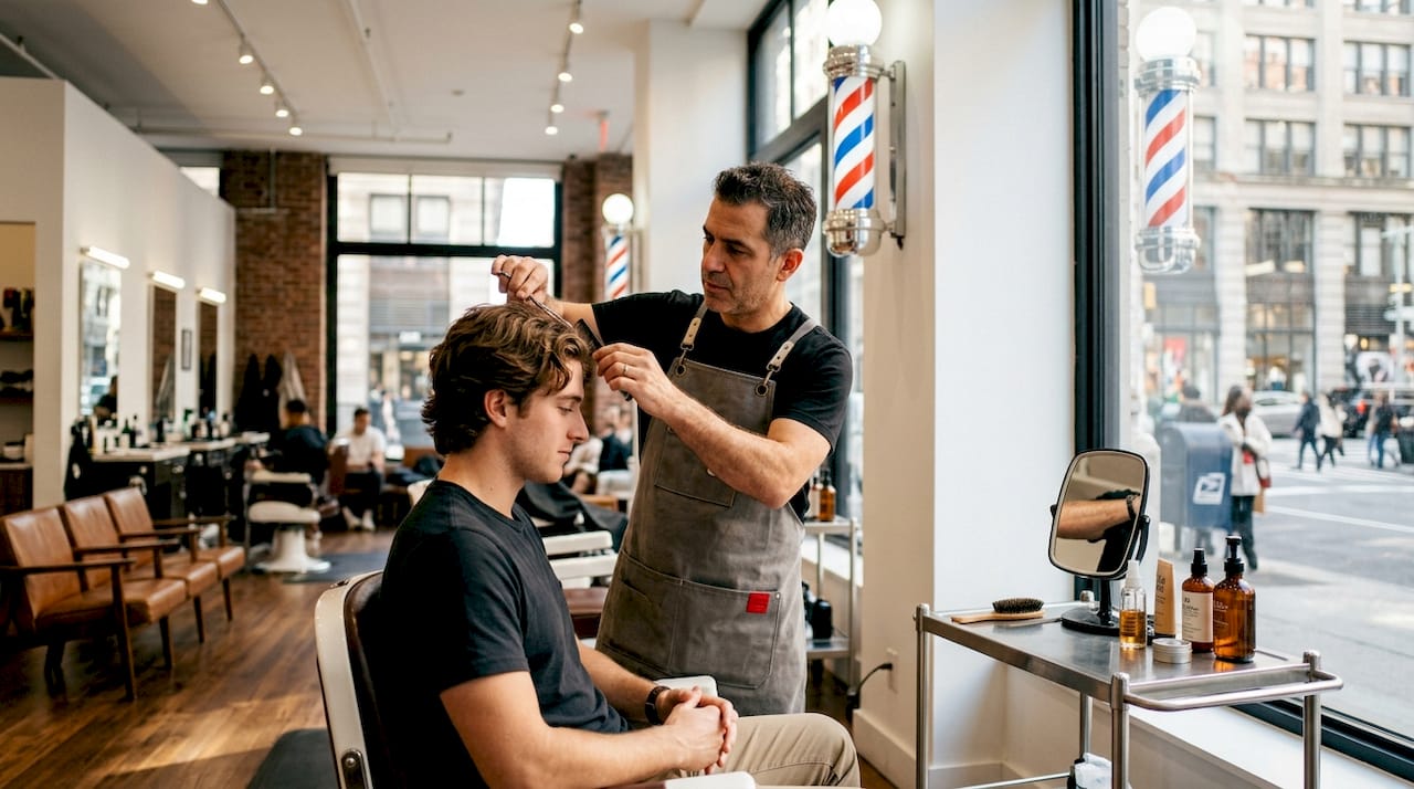 Barber consulting male client with wavy hair