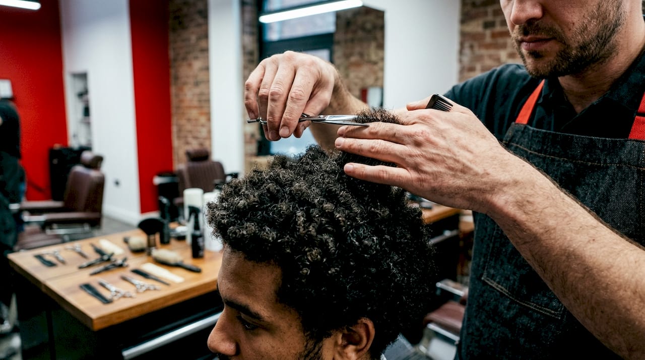 Close-up of hairdresser handling dense curly hair
