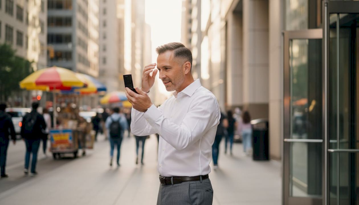 Man showing low taper fade haircut in office