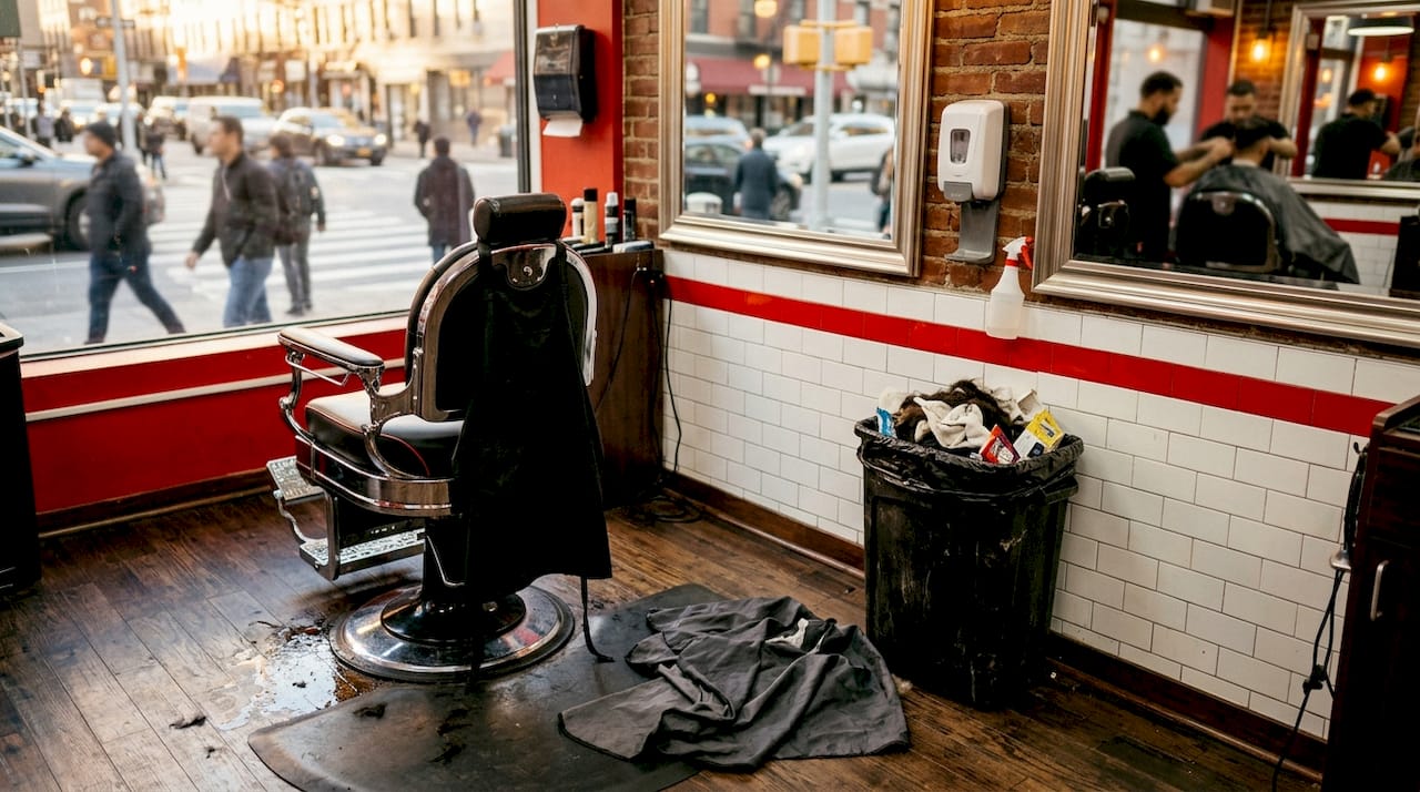 Wet floor and safety hazards in barbershop interior