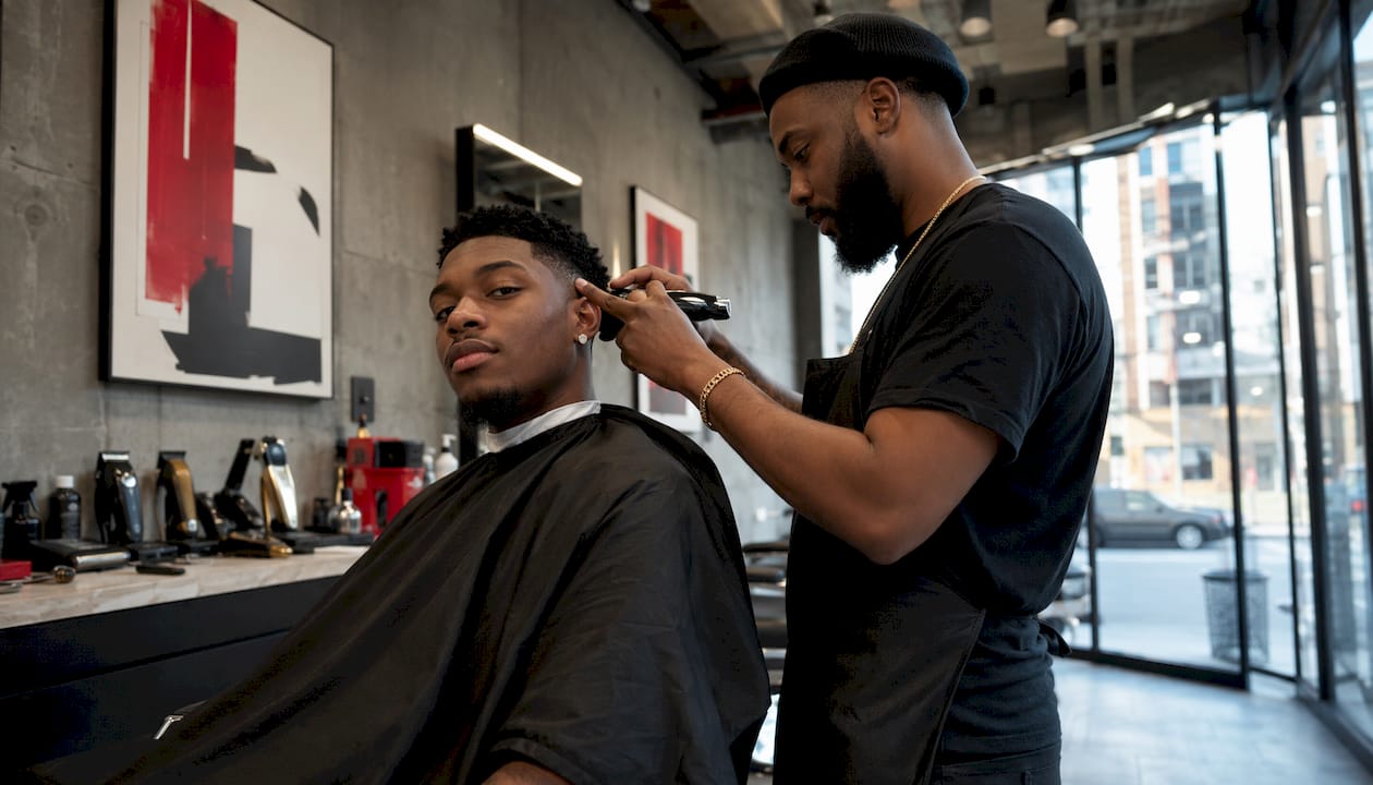 Man getting sharp haircut in barbershop