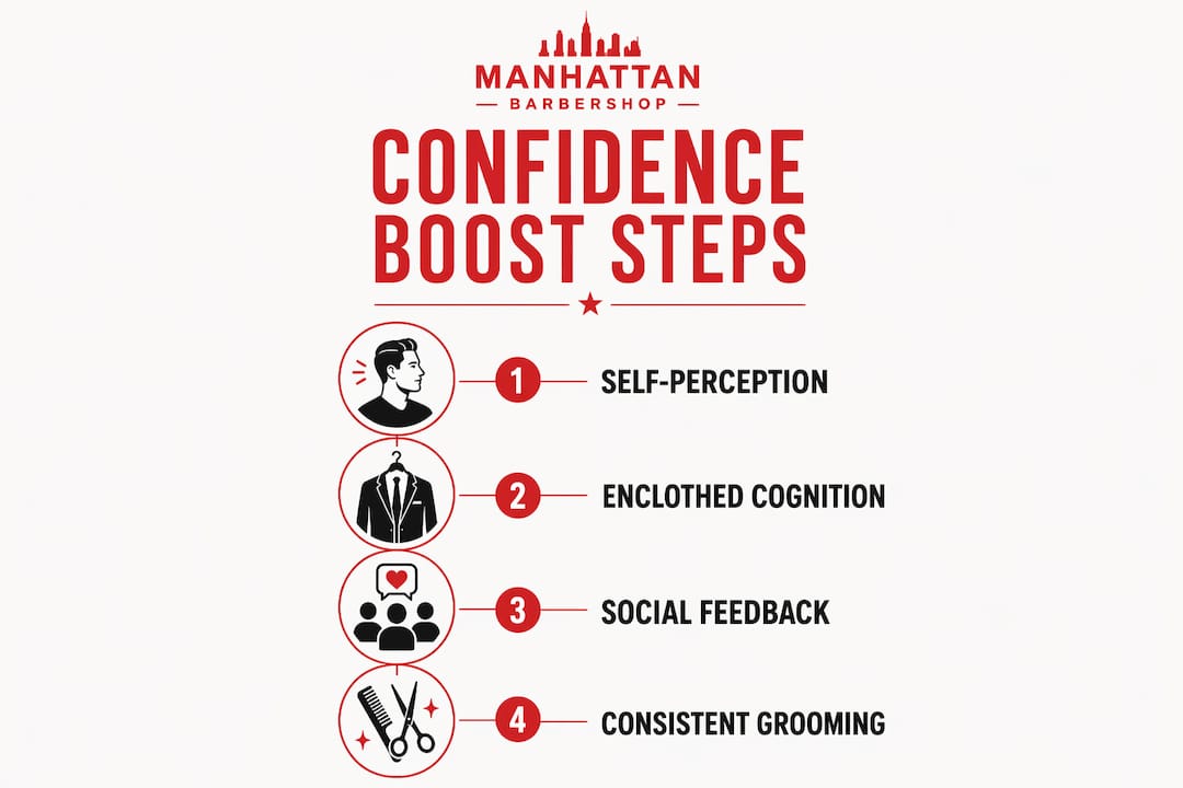Infographic showing psychological steps behind confidence from haircuts