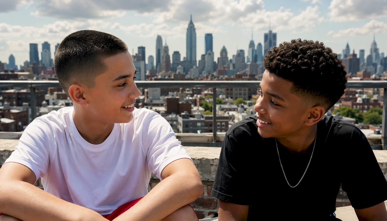 Three boys with different buzz cuts outdoors