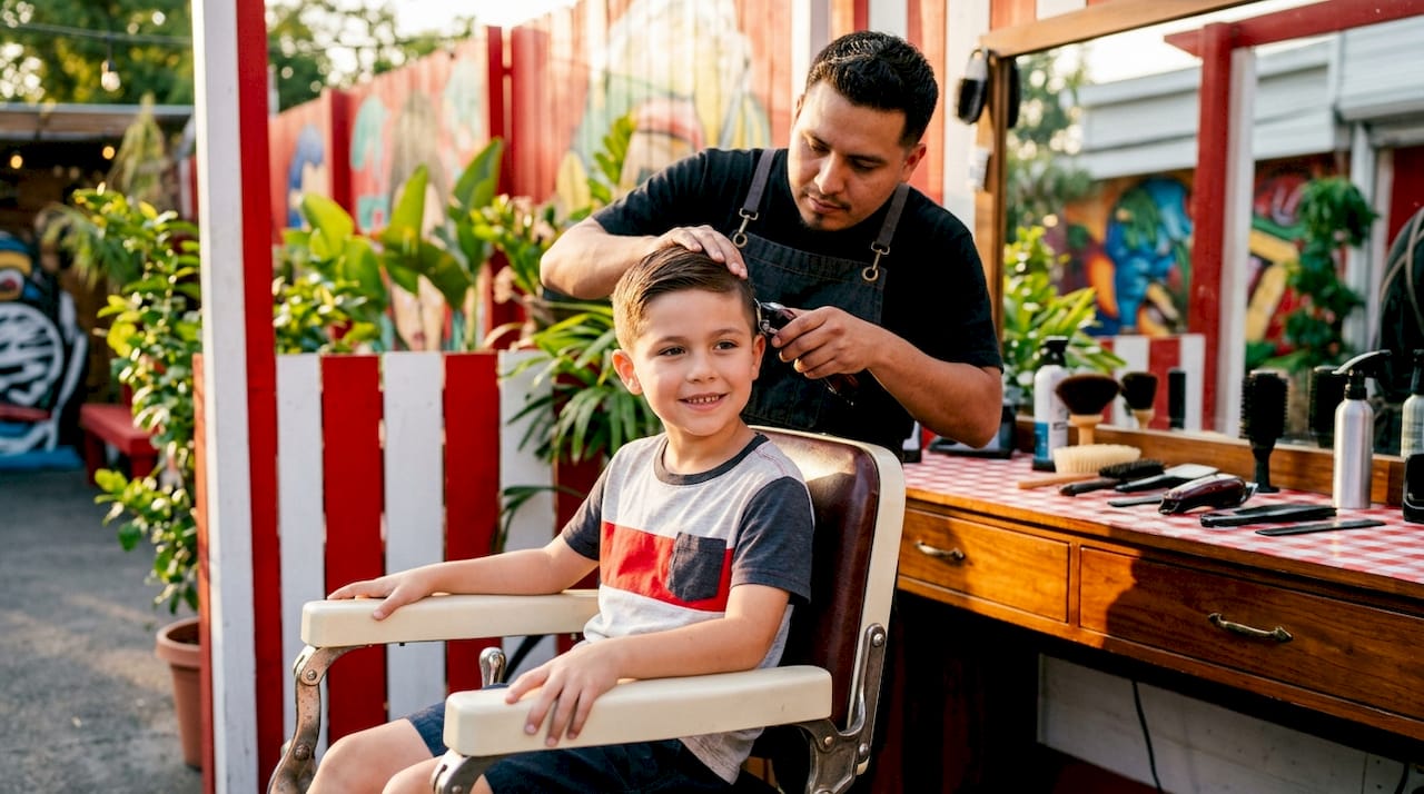 Young boy receiving a buzz cut in barbershop