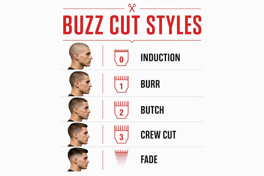 Infographic showing popular buzz cut styles for boys