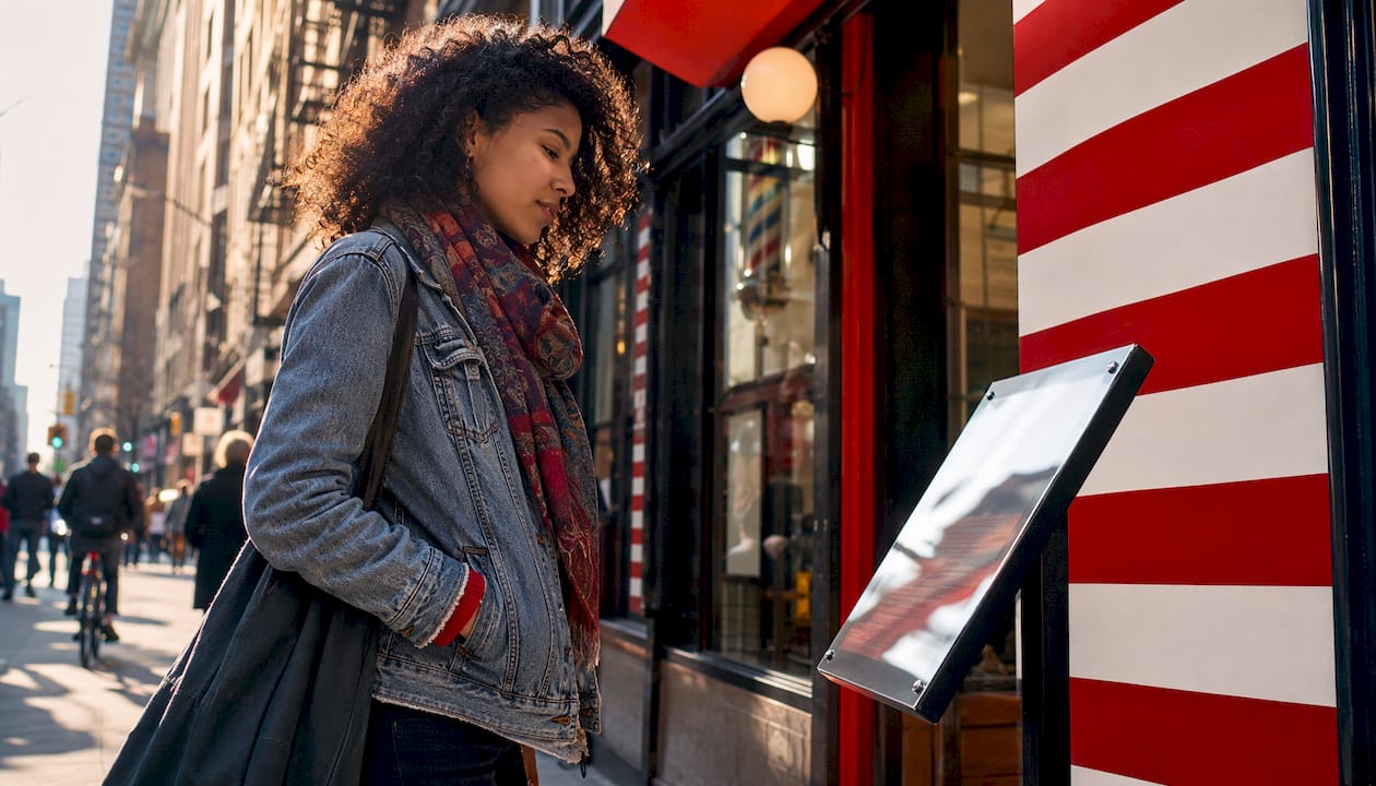 Young woman reading barbershop service menu outside