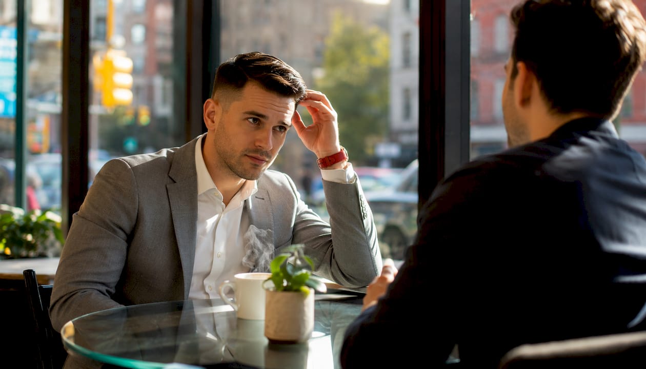 Man with Ivy League haircut grooming hair in office