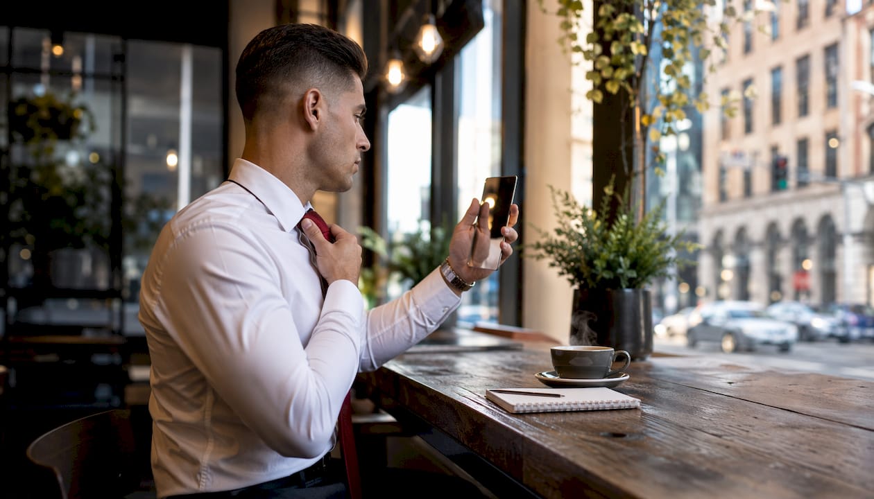 Young professional man adjusting tie with clean haircut