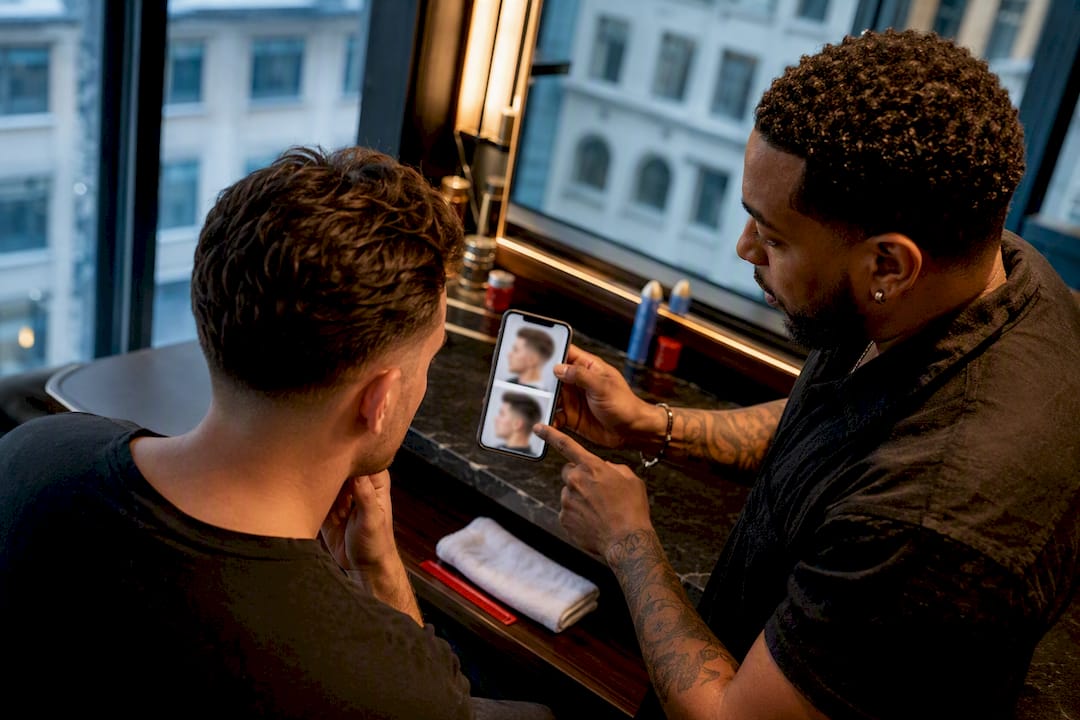 Barber and client comparing haircut reference photos