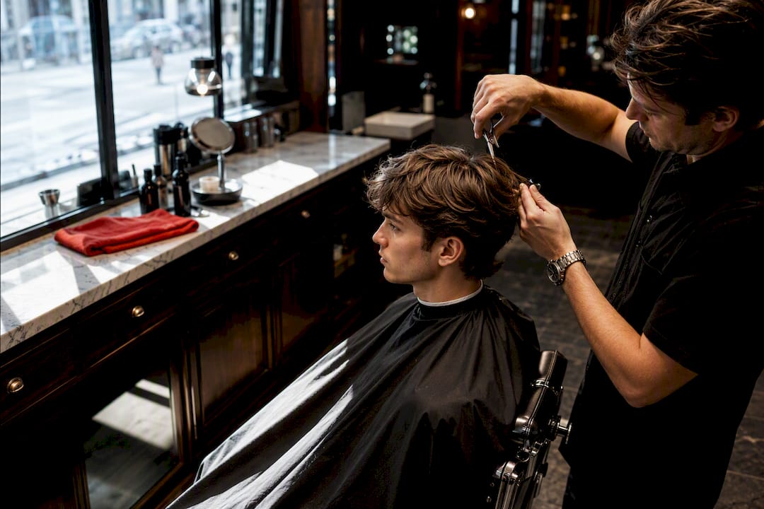 Skater haircut being finished in barbershop