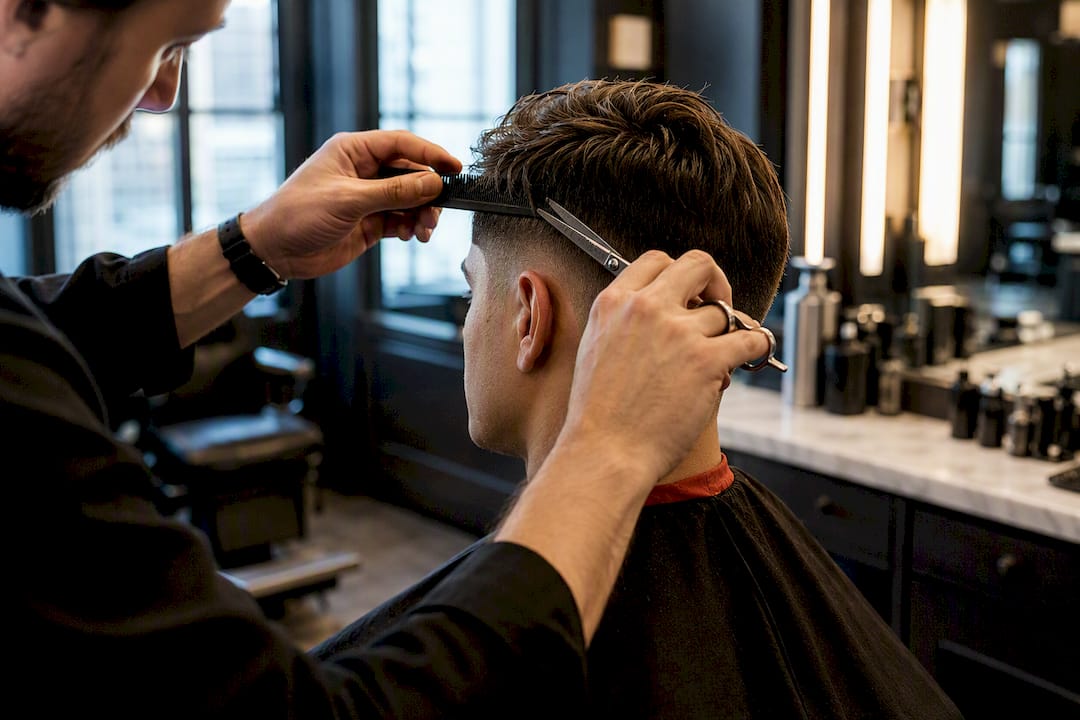 Barber refining a soft blended haircut