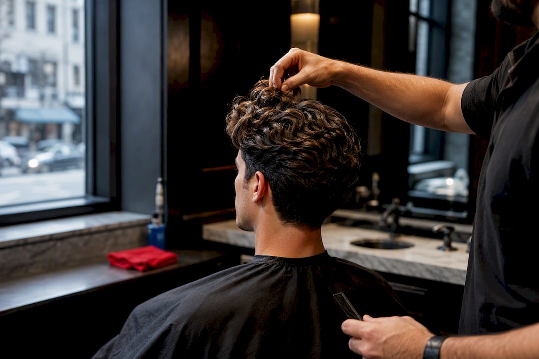 Barber revealing a man's wavy haircut