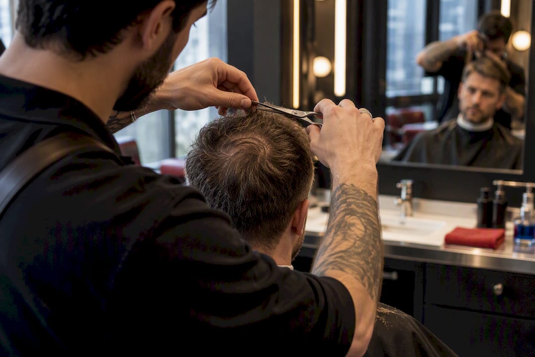 Barber shaping textured crop for thinning hair