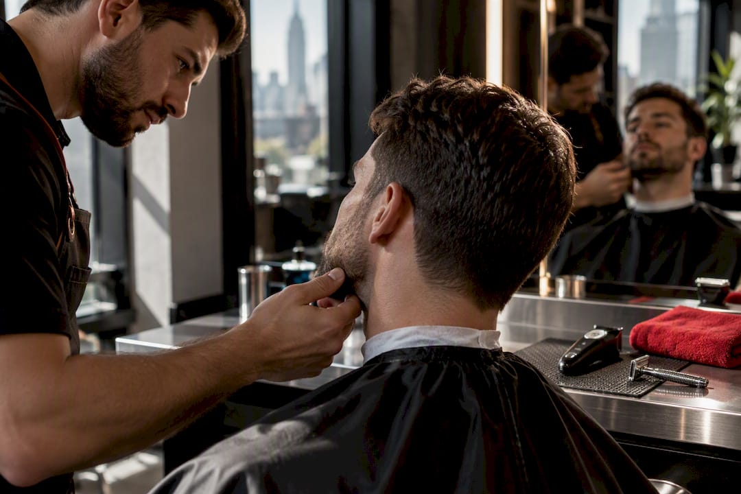 Barber assessing beard before trimming or shaving