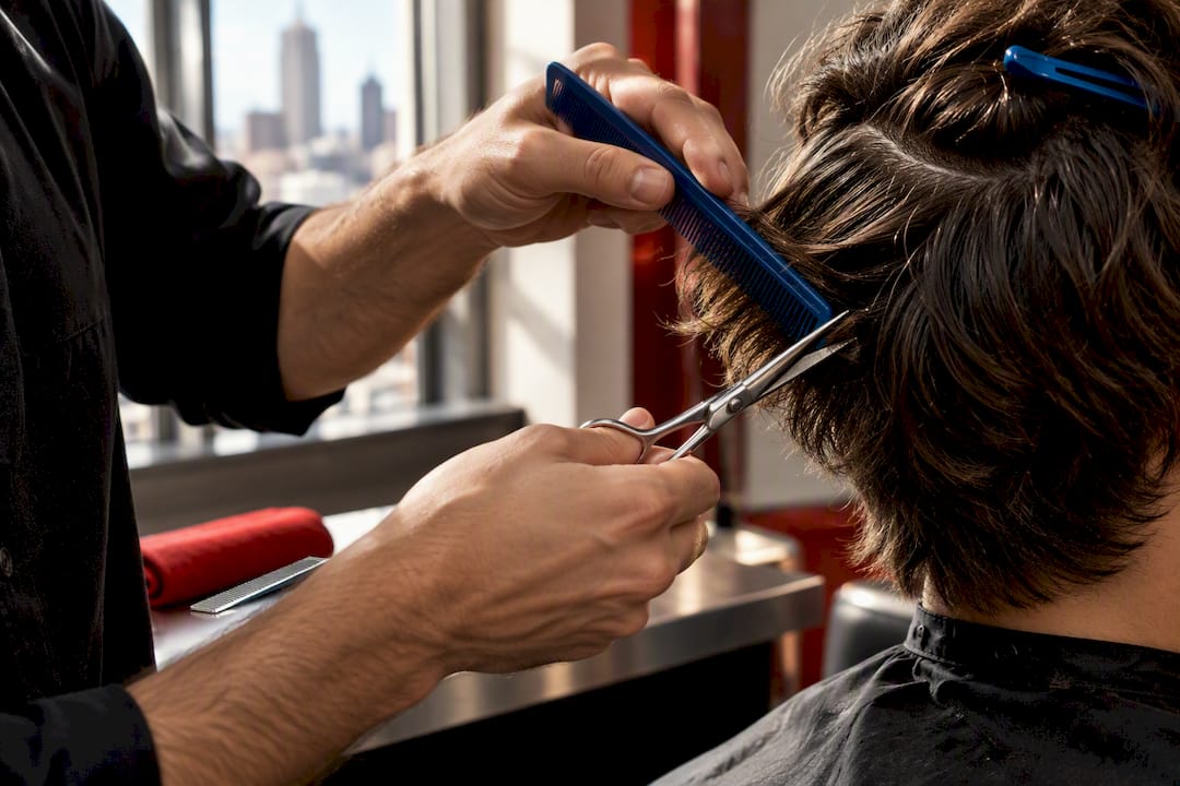 Barber point cutting medium length hair