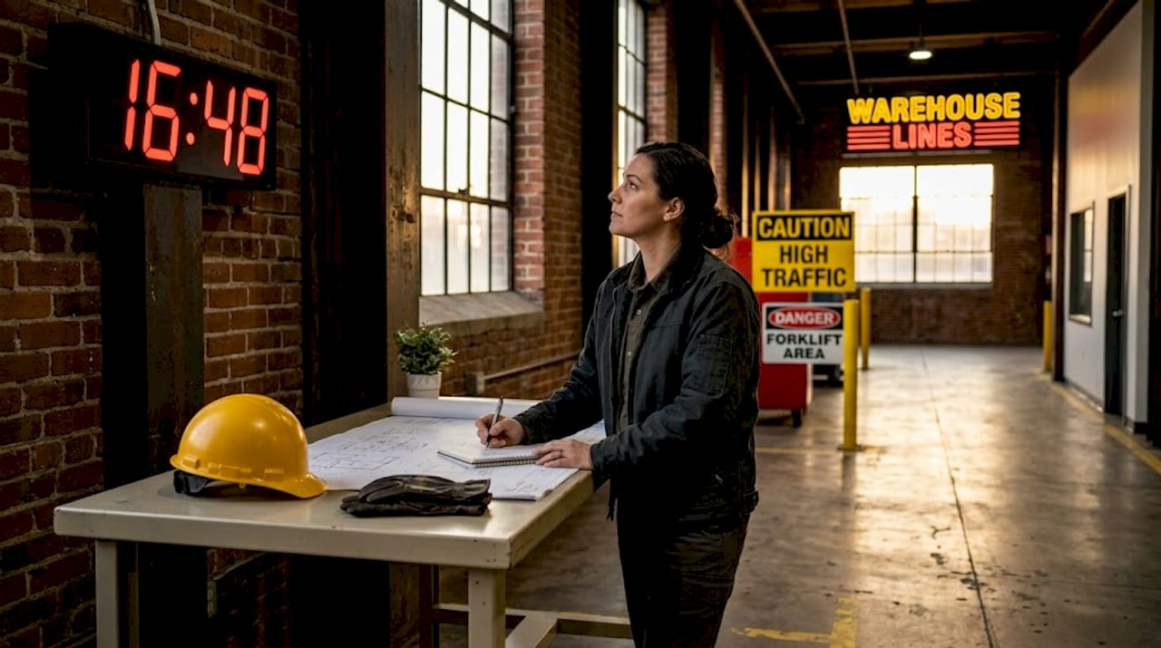 Manager reviews blueprints for modular warehouse