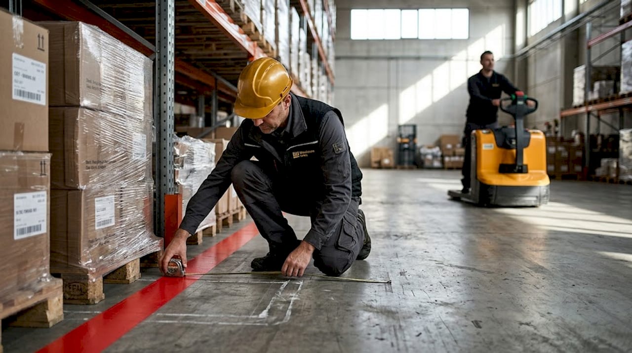 Manager measuring warehouse floor marking width