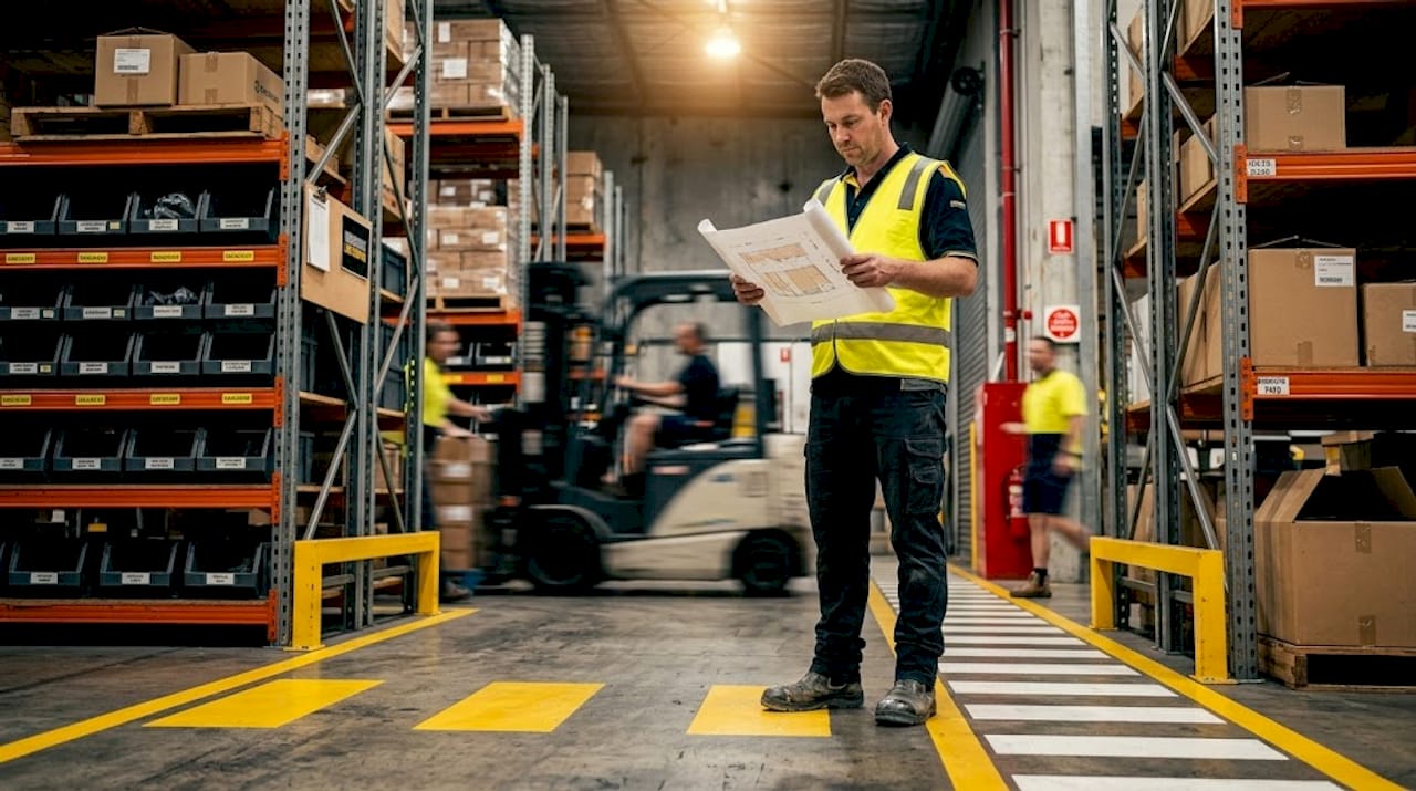 Manager reviews warehouse floor striping layout