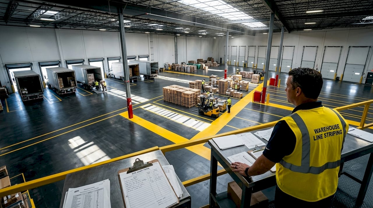 Supervisor in I-shaped warehouse with docked trucks