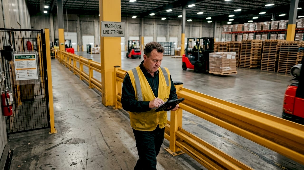 Officer walks through enclosed warehouse pedestrian corridor