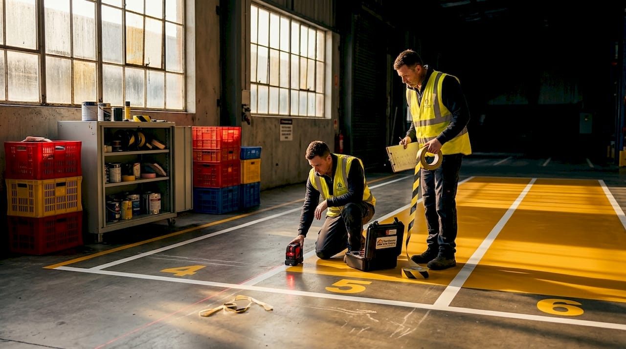Warehouse staging lanes with marked lines and workers