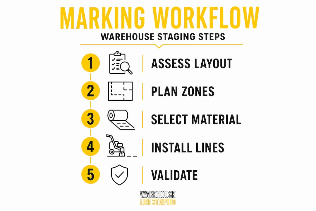 Infographic showing warehouse staging marking workflow steps