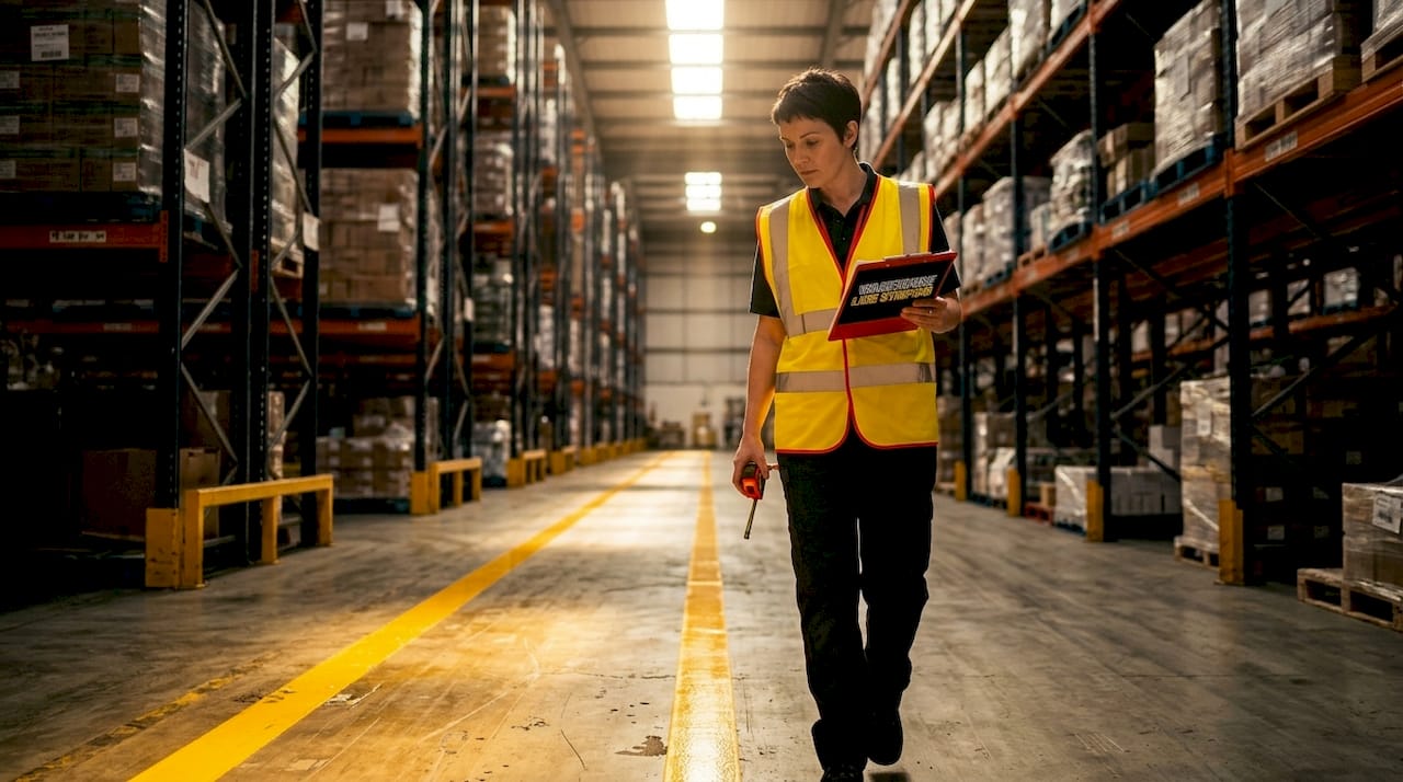 Warehouse manager inspecting marked aisle with tape measure