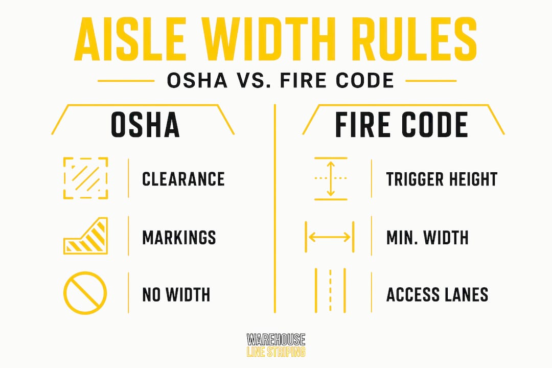 Infographic comparing OSHA and fire code aisle width standards