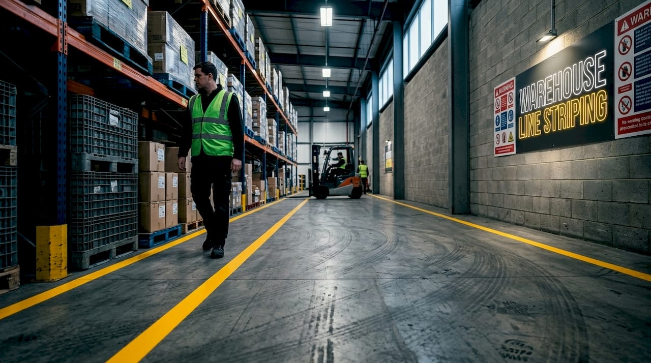 Warehouse aisle with visible OSHA floor markings and pallet