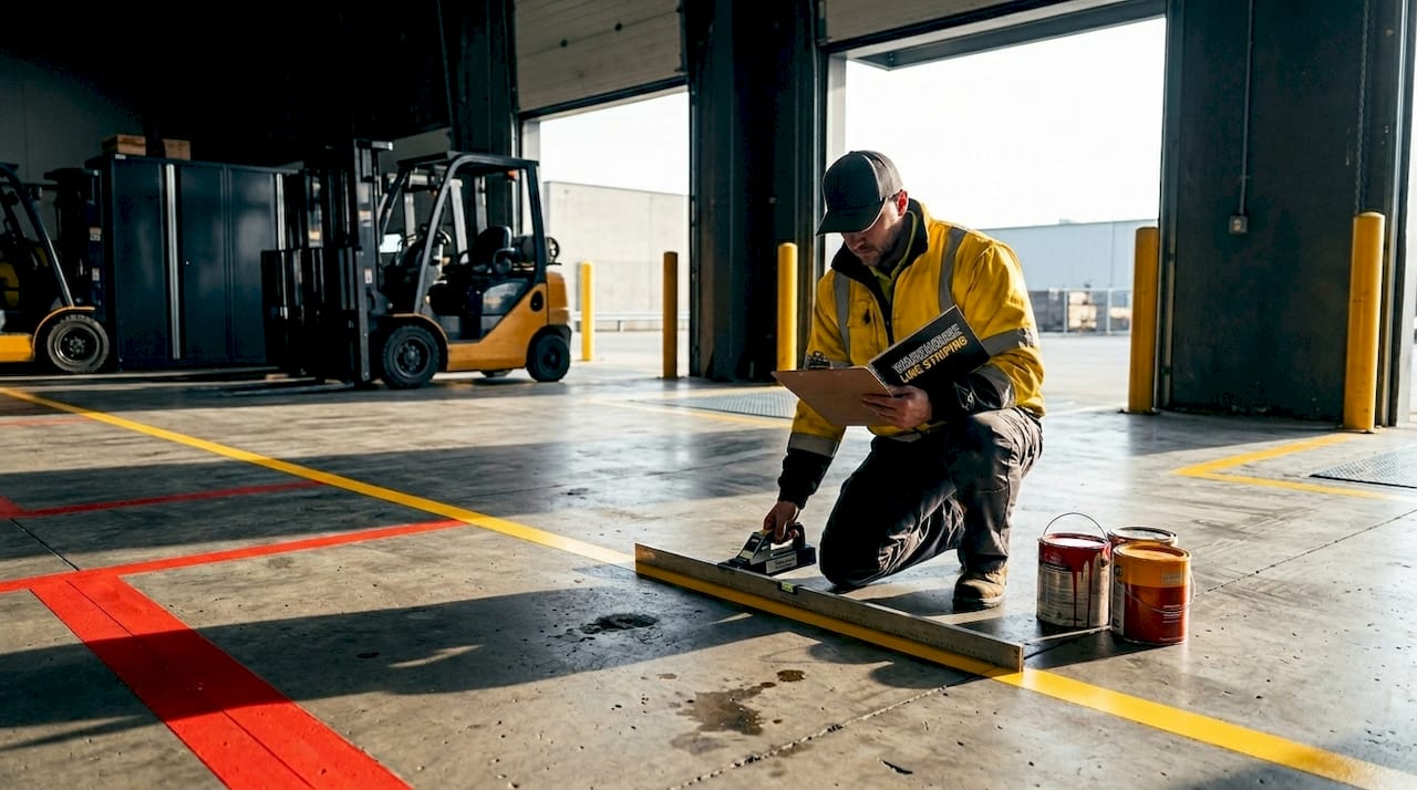 Worker checks warehouse floor marking flatness