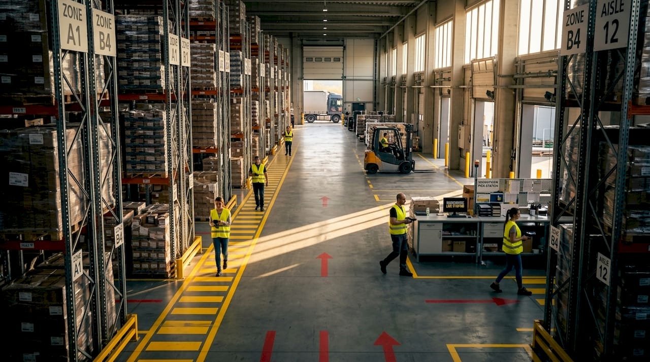 Warehouse aisle with floor pick path markings and workers