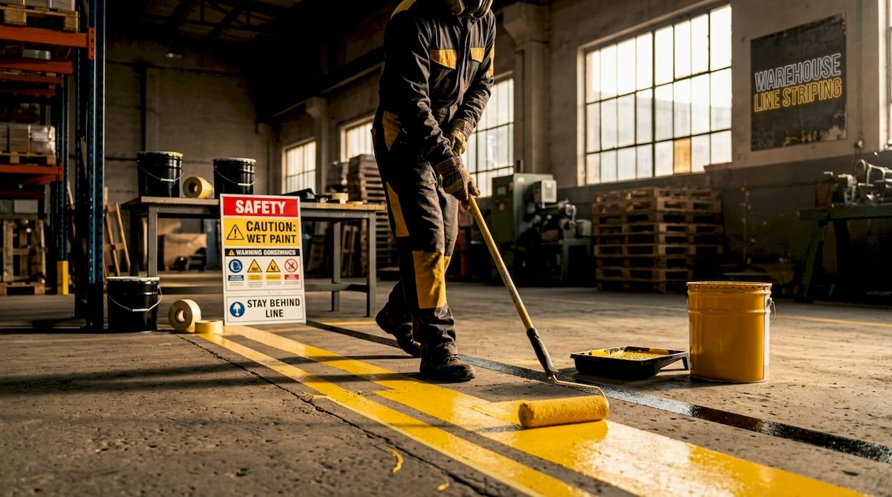 Worker applying epoxy floor marking in warehouse