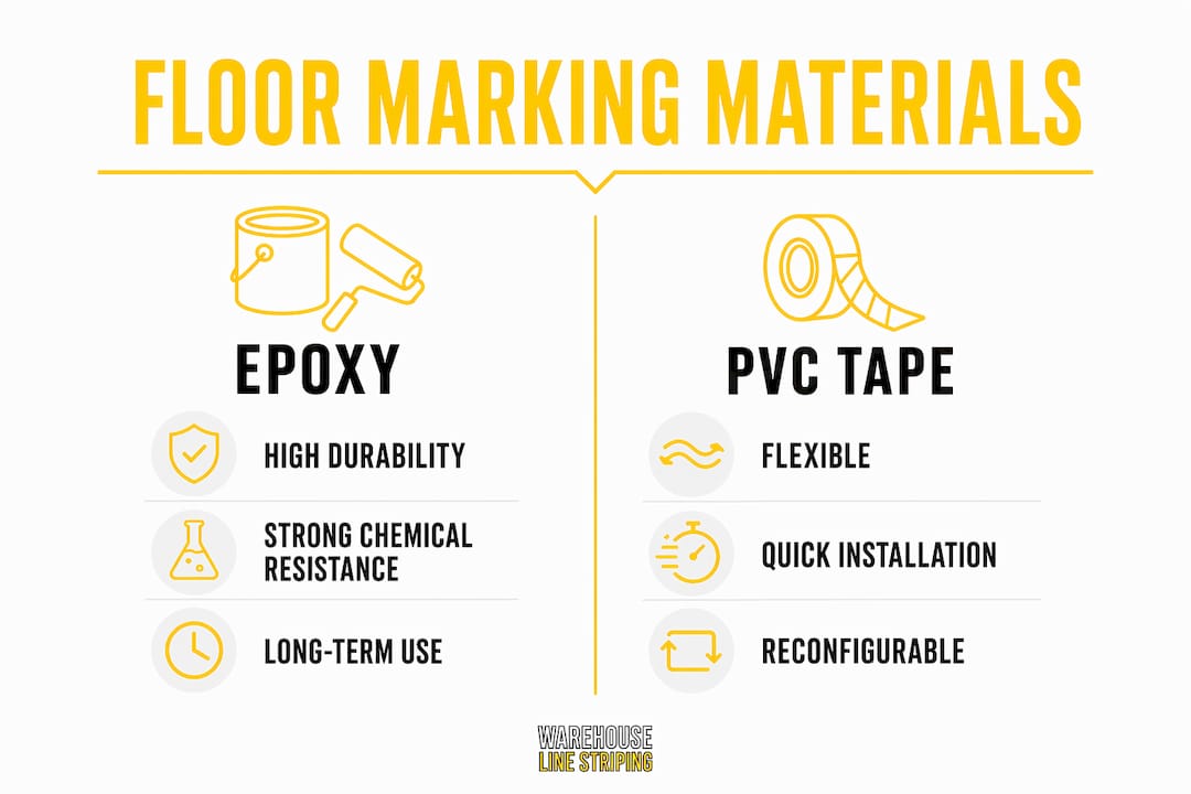 Infographic comparing epoxy and PVC tape materials for floor marking