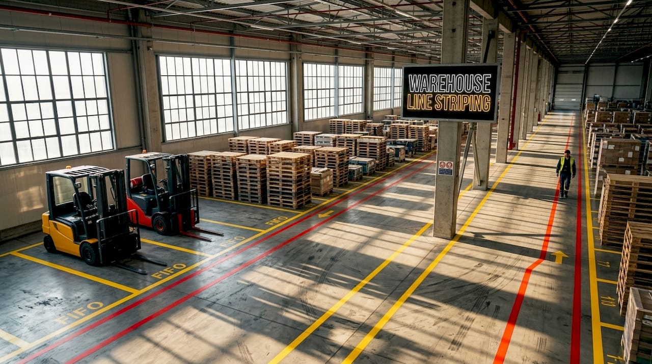 Warehouse aisle with FIFO floor markings