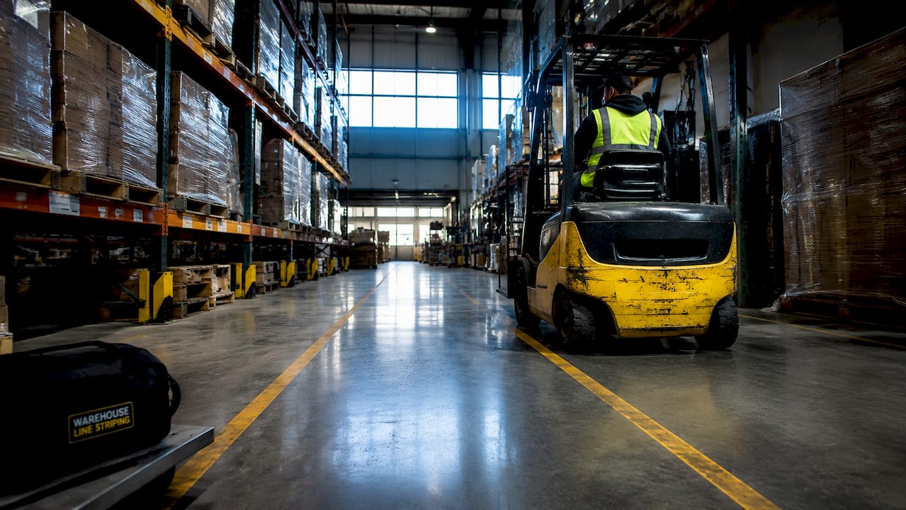 Distribution center aisle with forklift navigating safely