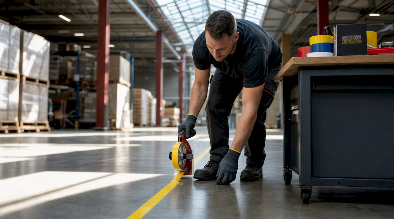 Technician applying PVC floor tape in warehouse